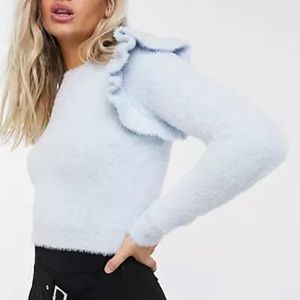 Bershka shoulder detail fluffy textured ruffle sleeve sweater